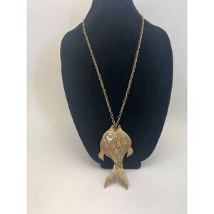 Unsigned Large Gold Tone Articulated Fish Pendant Necklace w/ Cabochon Eye